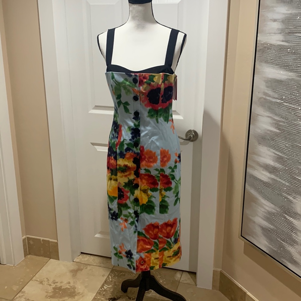 Carolina Herrera Light Blue Floral Midi Dress with Black Straps